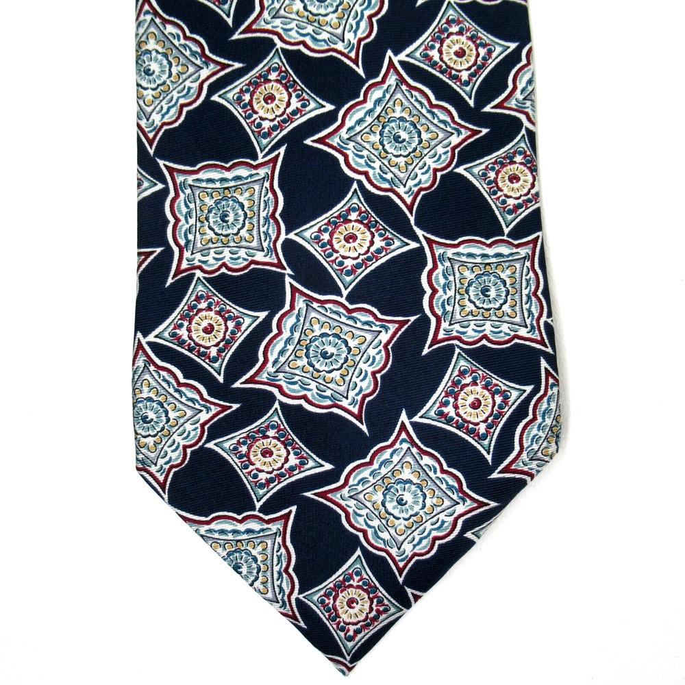 Hathaway Tie Mens 56 in Silk Multicolor Blue Burgundy Stamp Medallion Wide